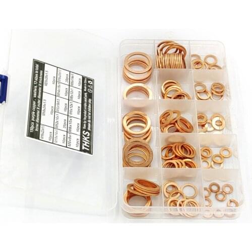 150Pcs M5-M20 Solid Copper Washer Gasket Rings Nut and Bolt Set Flat Ring Seal Plain Spacer Washers Fastener Kit with Box