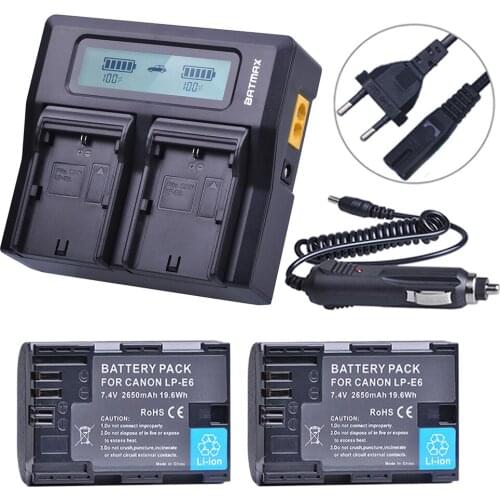 2PCS 2650mah LPE6 LP-E6 Battery + LCD Rapid Dual Charger for Canon EOS 5DS R 5D Mark II 5D Mark III 6D 7D 80D EOS 5DS R Camera