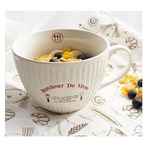 590ml French White Large Soup Cereal Ceramic Mug Porcelain Coffee Mug Cup for Milk Breakfast Dinner
