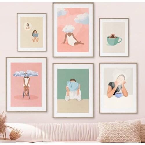 Swim Sleeping Coffee Girl Abstract Minimalist Wall Art Canvas Painting Posters And Prints Wall Pictures For Living Room Decor