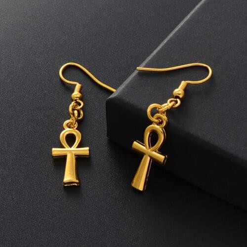 Anniyo Ankh Earrings for Women Girls Mama Gold Color African Egyptian Cross Charms Earring Jewelry Egypt Hieroglyphs #229906