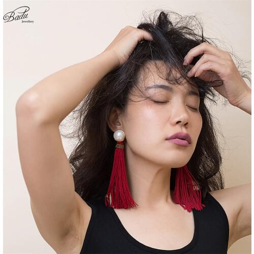 Badu White Simulated Pearl Stud Earring Long Red Tassel Boho Style Fringe Studs Earrings Fashion Jewelry for Black Friday Party
