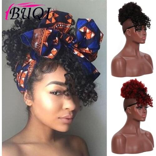BUQI High Puff Afro Kinky Curly Synthetic Bun with Bangs Drawstring Short Afro Pony Tail Clip in for Women Hair Extension