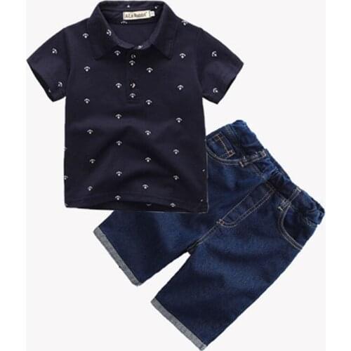 DFXD High Quality Kids Boy Clothes Summer Baby Boys Clothing Sets Short Sleeve Anchor Print Shirt+Jeans Pant 2pc Children Suit