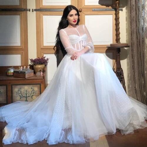 Elegant White Dots Tulle A-line Long Bridal Dresses See Thru Full Sleeves Women Dresses To Party Pretty Tulle Dress