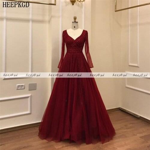 Elegant Burgundy Long Sleeves Evening Dress Real Photos Beading Tulle Plus Size Prom Party Dresses Women Formal Gowns Long