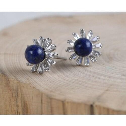 FNJ Natural Lapis Lazuli Earrings 925 Silver Original Pure S925 Sterling Silver Stud Earring Women Jewelry Vintage Flower