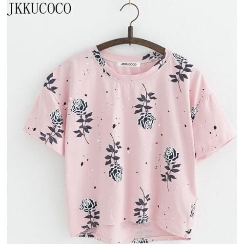 JKKUCOCO Rose Print Cotton T-shirt Women t shirt front short back long Short Sleeve Casual T shirt Women T-shirts Hot Tops Tees