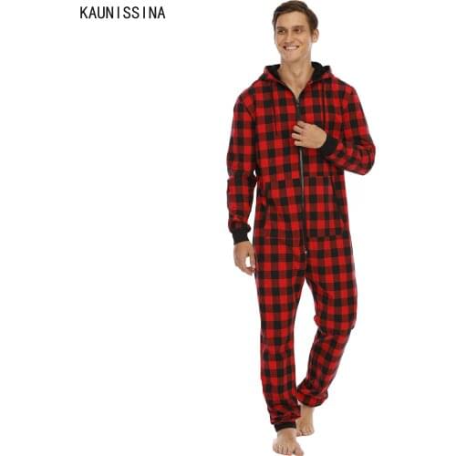 Men Sleepwear Adult Onesie Autumn Winter Thick One Piece Pajamas Long Sleeve Zipper Hooded Plus Size Homewear Christmas Onesies
