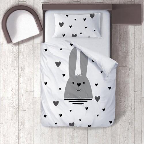 Duvet Cover Set Bedding Set Pillow Case for Baby and Kids Room 3D Printed White Gray Rabbit Heart Model 1382