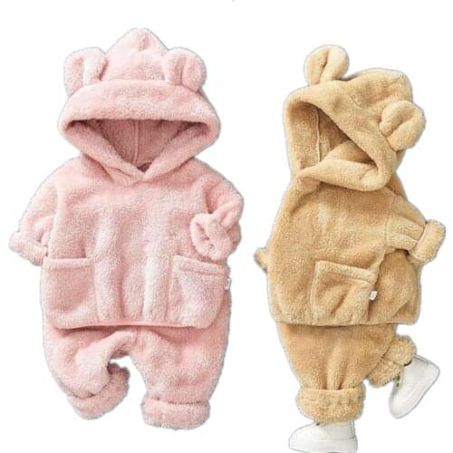 Girls sleep clothing sets autumn winter children cute thick velvet hoodies tracksuits for baby boys kids causal home pajamas