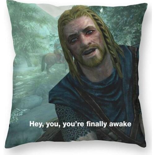 Hey You You're Finally Awake Skyrim Meme Square Pillow Case Decoration Cushions Throw Pillow for Car Double-sided Printing