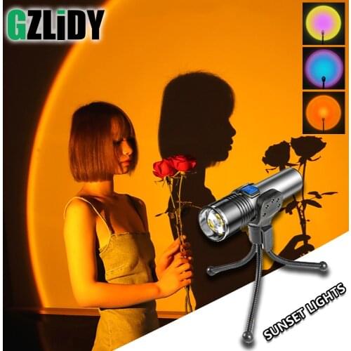 Mini LED Flashlight USB Rechargeable Torch with Stand Sunset Projection Lamp Atmosphere Lantern Waterproof Zoom Fishing Light