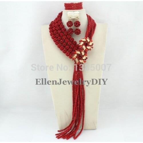 Fashionable Nigerian Wedding African Beads Bridal Jewelry Set Red Costume African Jewelry Sets Free Shipping WS5355