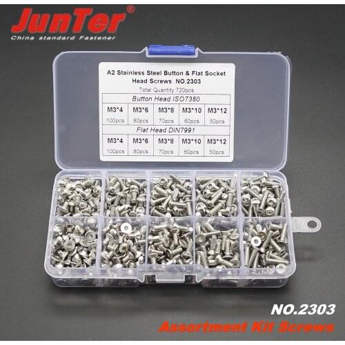 720pcs M3 (3mm) A2 Stainless Steel Button Flat Head Allen Bolts Hexagon Socket Screws Assortment Kit NO.2303