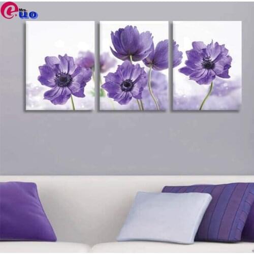 Landscape Triptych Purple Flowers Diamond Embroidery Daisy Full Square Round Drill 5d Diy Diamond Painting Handmade Hobby