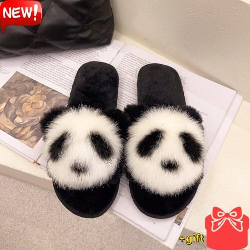 Plush Slippers Animals Panda Furry Winter Warm Shoes Home Soft Flip Flop Indoor Ladies Female Slipper Comfortable Woman Massage