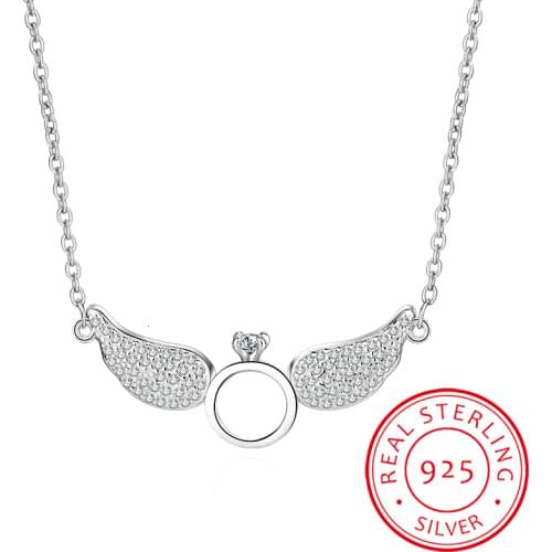 925 Sterling Silver Angel Wings Pendant Necklace With Cubic Zirconia Circle Women Chain Necklace Gift Accessories