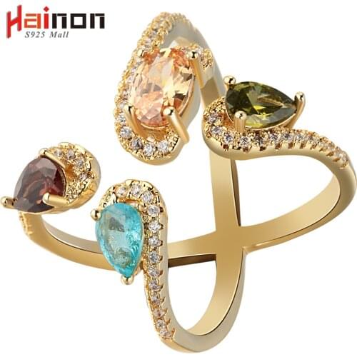 Luxury gold-color Ring Fashion blue brown cz crystal Jewelry size 6-10 Wedding Rings For Women Birthday Stone Gift Distribution