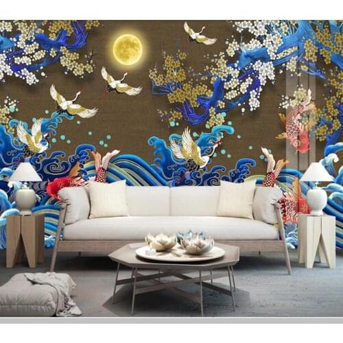 Luxury Chinese style golden line fairy crane fish plum 3d wallpaper papel de parede,living room bedroom restaurant mural