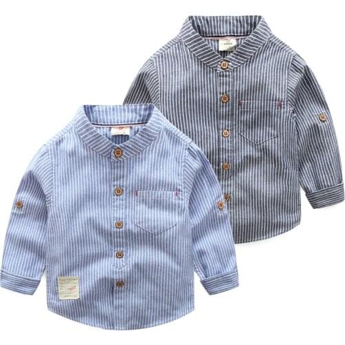 2021 Spring Autumn 2 3 4 6 8 10 Years New Design MANDARIN COLLAR Long Sleeve Pocket Classic Striped Shirts For Kids Baby Boys