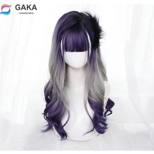 GAKA Ombre Purple Grey Synthetic Wavy Wigs for White Women Long Natural Lolita Cosplay Wig with Cute Bangs