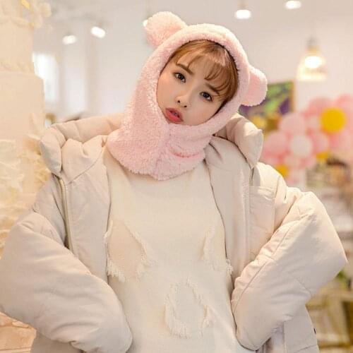 Windproof neck scarf cap Head Cover Headscarf Ins Women winter cute bear ears warm hat student women plus cashmere cap