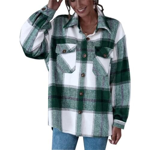 Vintage Stylish Women Coat Pockets Oversized Green Plaid Jacket Coat Women Fashion Lapel Collar Long Sleeve Loose Outerwear