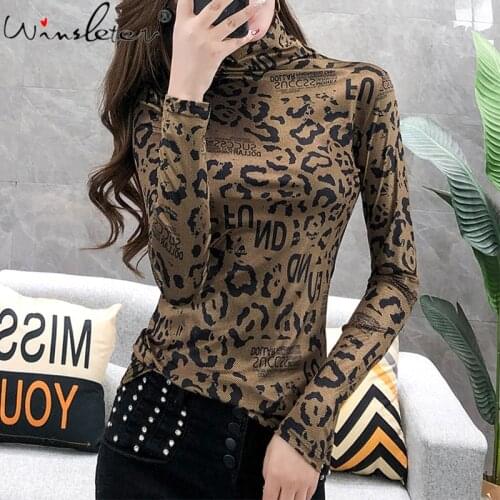 Cotton Tee Shirt Leopard Print T Shirts Women Casual Turtleneck Long Sleeve Spring Top Retro Hipster Stretchy Tshirt T03818B