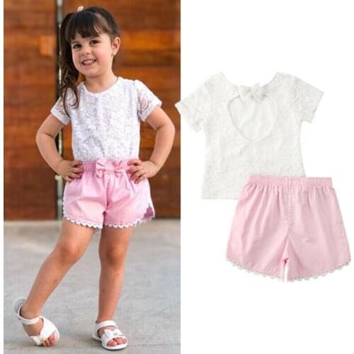 1-6 Years Summer Clothes Toddler Baby Girl Clothes Set Short Sleeve Lace Floral Tops T-Shirt + Short Pants Outfits