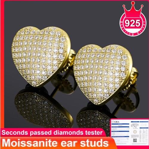 Fashion Heart Moissanite Iced Out Earrings Top Quality 100% 925 Sterling Silver For Mens Women Hip Hop Jewelry Drop Shipping