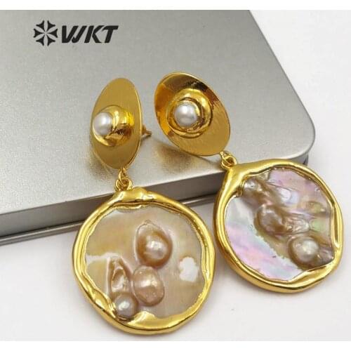 WT-E528 Natural Pearl Earring Jewelry Round Shape Pearl Drop Earring With Gold Electroplated Women Fashion Earring Jewelry
