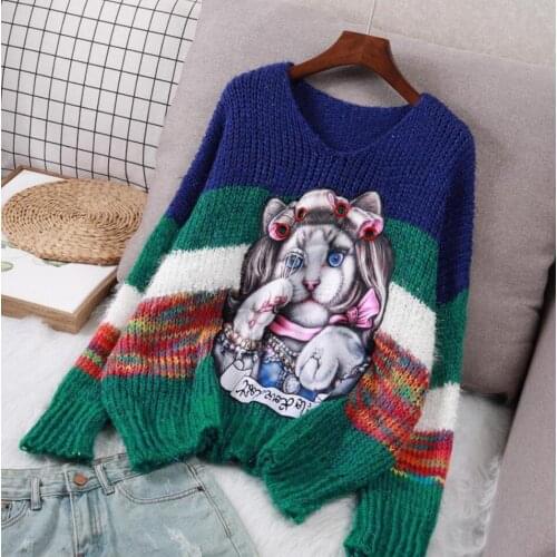 Large Size Loose Womens V-Neck Knitted Pullover Lazy Cartoon Patch Sweater 2021 Autumn/Winter New Floral Cat Top Clothing