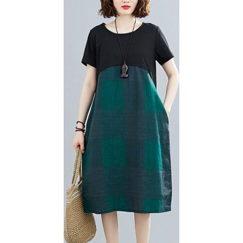 2021 New Fashion Patchwork Plaid Short Sleeve Loose Summer Dress Linen Cotton Vintage Women Dress Holiday Travel Casual Dress