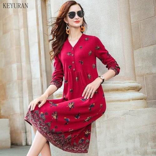 2021 New Red Wool Print Knitting Dress Women Autumn Winter Vintage V-Neck Loose Long Sweater Dress Knee-Length Dresses Vestidos