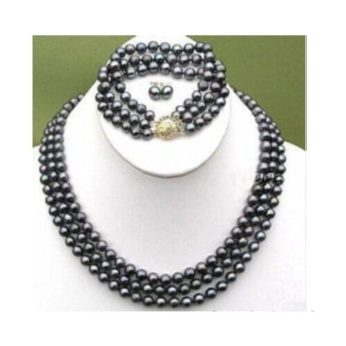 3row 6-7mm TTTblack pearl necklace &Bracelet &Earrings