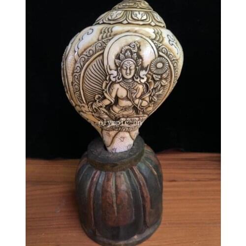 7'' Nepal tibet natural conch sea snail handcraft buddhism Green Tara kwan-yin