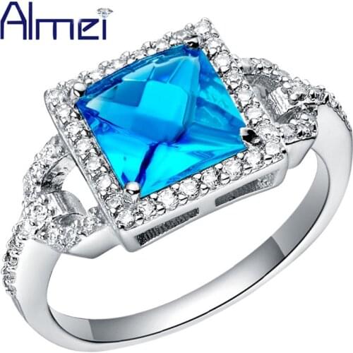 Almei Rings For Women Blue Stone Vintage Ring Wedding Fianit Jewelry Silver Color Ring Bague Femme 2017 Alibaba-express J080