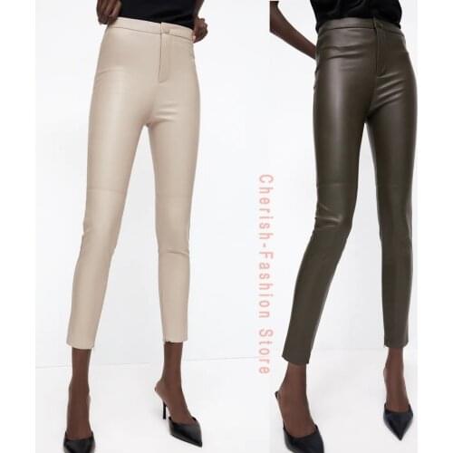 2021 Fashion Autumn Winter Women High Wasit Faux Leather Trousers Lady Black Beige Fleece PU Zippers Skinny Stretch Pencil Pants
