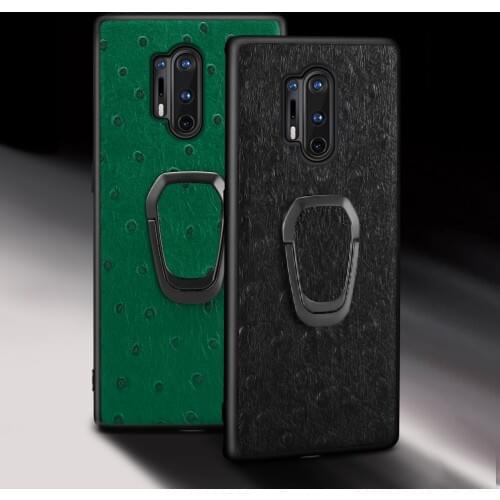 Genuine Ostrich Grain Leather Phone Case for Oneplus 8 Pro 8T Nord 7T Pro 7 Pro 6 6T 5 5T One plus Ring Magnetic Kickstand Cover