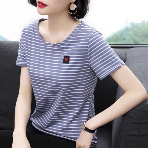 Women Spring Summer Style T-Shirts Tops Lady Casual Short Sleeve O-Neck Striped Printed Blue Black White Tshirts Tees ZZ0222
