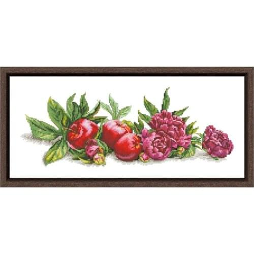 Peony flowers and red apples cross-stitch package 18ct 14ct 11ct white cloth cotton thread embroidery DIY handmade needlework