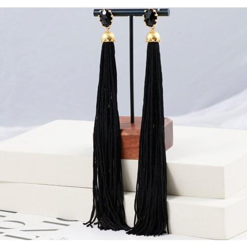 Personality European and American style lady elegant temperament set single water drill tassel long exaggerated earrings girl
