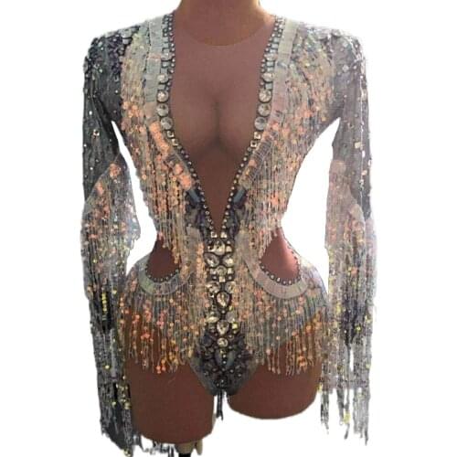 Sparkly Rhinestones Sequin Fringes Bodysuit Stretch Long Sleeve Dance Leotard Nightclub DS Singer Costume Party Show Stage Wear