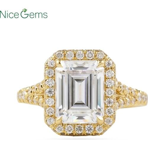 NiceGems Solid14K Yellow Gold Emerald Cut Ring Double Edge Halo Center 2.5CT DF Color 3.2CTW Moissanite Diamond Engagement Ring