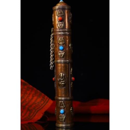 9"Tibet Temple Collection Old Bronze Filigree mosaic gem Incense tube Box Incense fork Ornaments Town House Exorcism