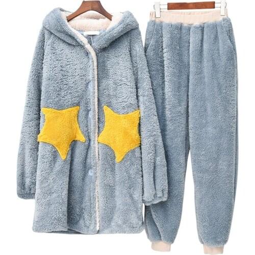 Sweet Winter Star Coral Fleece Thicken Flannel Heating Clothes Button Sleepwear Long Suit Hooded Tracksuit 2 Piece Set Women