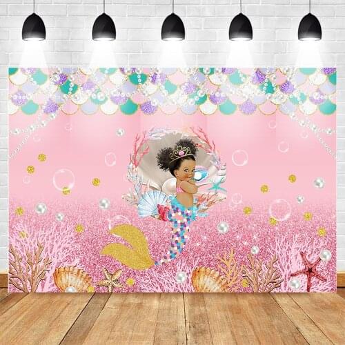 Mehofoto Little Mermaid Princess Photography Backdrop Baby Shower Party Background Pink African America Birthday Backdrop Shell