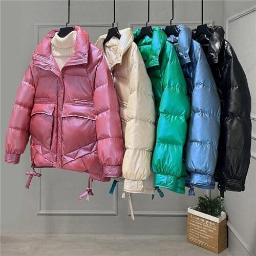 Trendy New Winter Women Bright Color Short Down Parkas Thickness Warm Stand Collar Zipper Pocket White Duck Down Coat Outwear