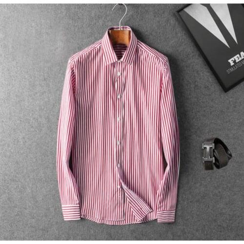2020 Mens Casual Cotton Striped Dress Shirts Patch Pocket Long Sleeve Standard-fit Button-down Tops Shirt